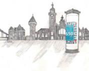 Skyline Krefeld mit Litfaßsäule Plakat Stadtjubiläum