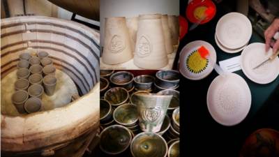 Keramikwerkstatt, Rohlinge, Blick in den Brennofen, fertig glasierte Becher aus Ton